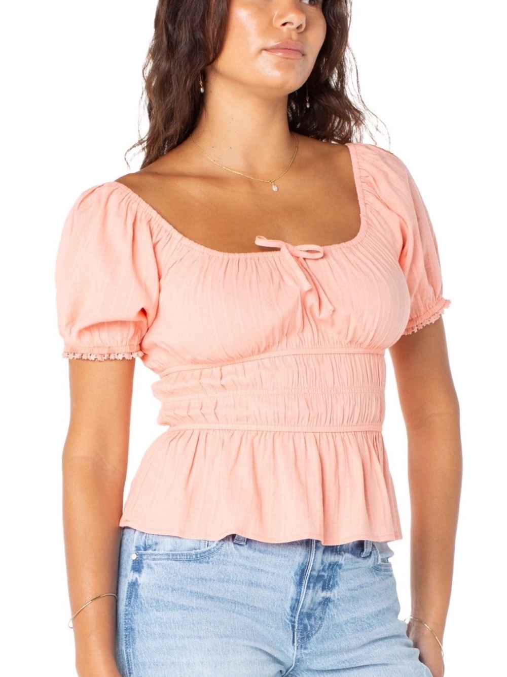 Celebrity Pink Peach Puff-Sleeve Smocked Peplum Top